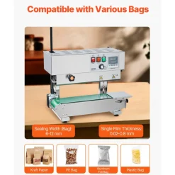 VEVOR Continuous Bag Band Sealing Machine, 0.24-0.47 in/6-12 mm Seal Width, Vertical Band Sealer Machine with Digital Temperature Control, Stainless Steel Bag Sealer for 0.02-0.8 mm Plastic Bags Films