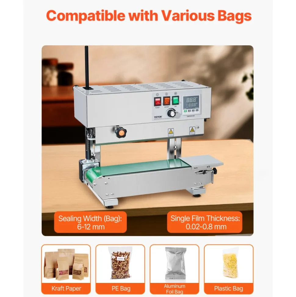 VEVOR Continuous Bag Band Sealing Machine, 0.24-0.47 in/6-12 mm Seal Width, Vertical Band Sealer Machine with Digital Temperature Control, Stainless Steel Bag Sealer for 0.02-0.8 mm Plastic Bags Films