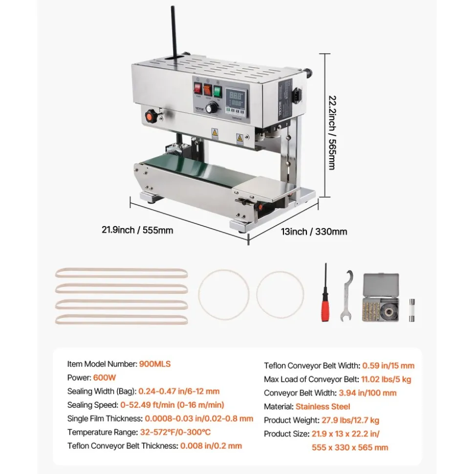 VEVOR Continuous Bag Band Sealing Machine, 0.24-0.47 in/6-12 mm Seal Width, Vertical Band Sealer Machine with Digital Temperature Control, Stainless Steel Bag Sealer for 0.02-0.8 mm Plastic Bags Films