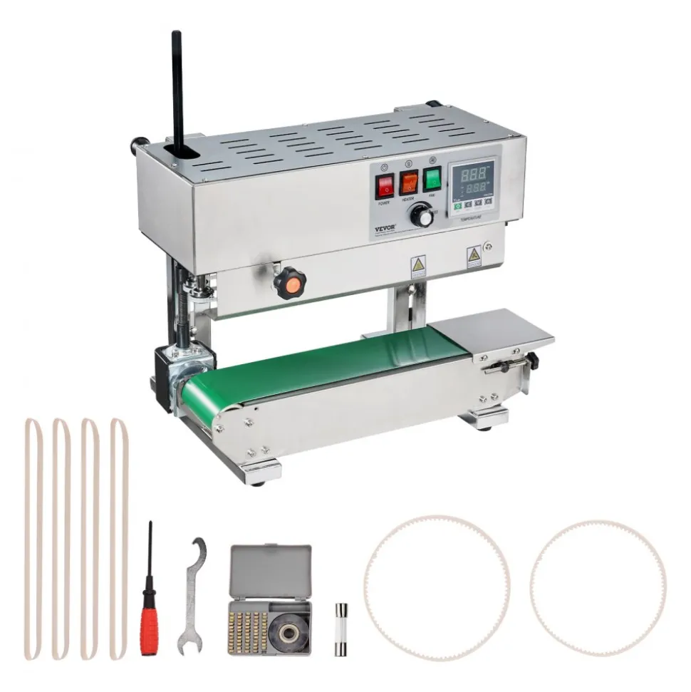 VEVOR Continuous Bag Band Sealing Machine, 0.24-0.47 in/6-12 mm Seal Width, Vertical Band Sealer Machine with Digital Temperature Control, Stainless Steel Bag Sealer for 0.02-0.8 mm Plastic Bags Films
