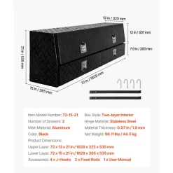 VEVOR Contractor Truck Tool Box, 72 x 21 x 13 in, Black Tread Aluminum TopSider Toolbox with Two Lower Drawers, Flip Up Door, Weather-Resistant Heavy Duty Storage Box with Latch, for Truck Bed Pickup