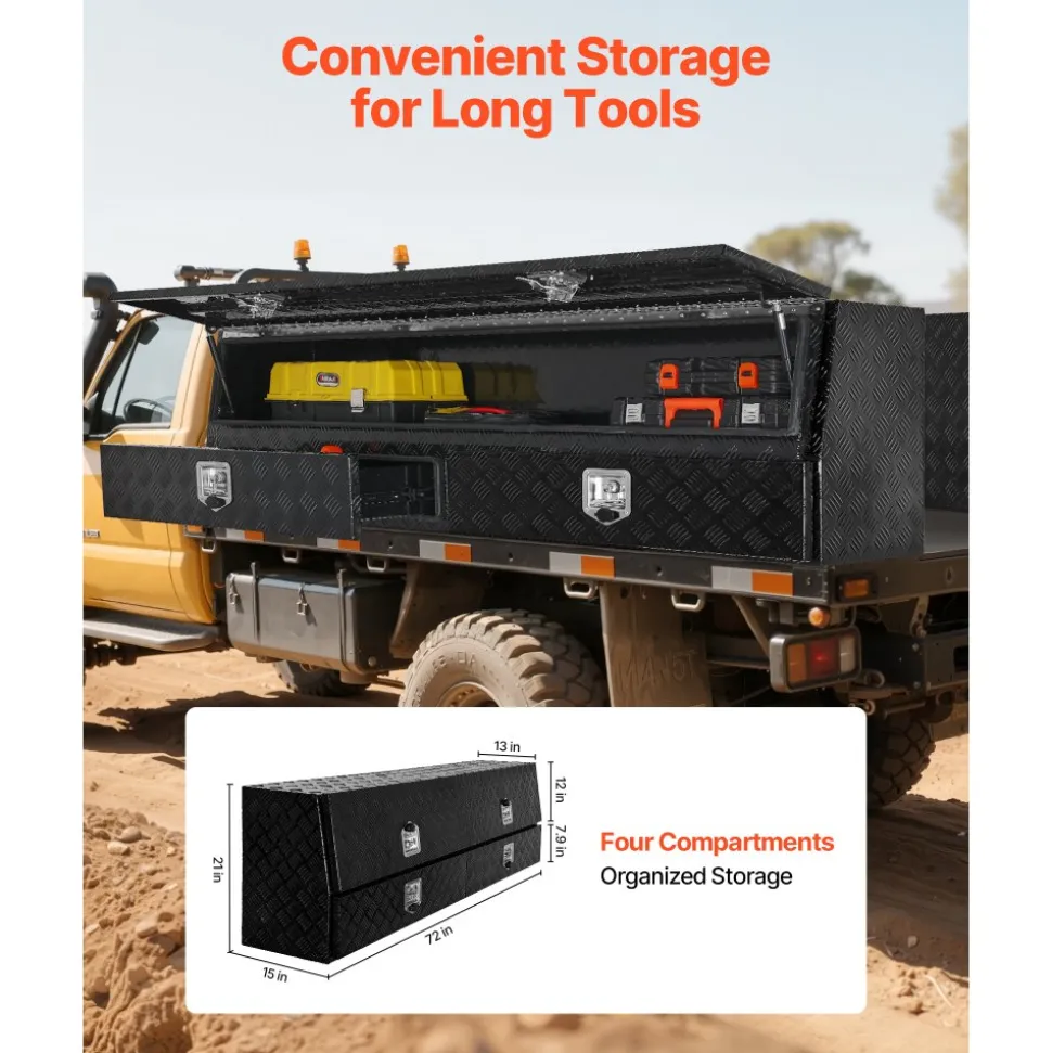 VEVOR Contractor Truck Tool Box, 72 x 21 x 13 in, Black Tread Aluminum TopSider Toolbox with Two Lower Drawers, Flip Up Door, Weather-Resistant Heavy Duty Storage Box with Latch, for Truck Bed Pickup