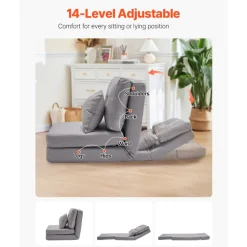 VEVOR Convertible Flip Chair, 5-Position Adjustable Floor Lazy Sofa, Folding Upholstered Couch Bed with Adjustable Backrest Metal Frame and Pillow, Folding Sofa Bed Chair for Living Room Bedroom, Gray