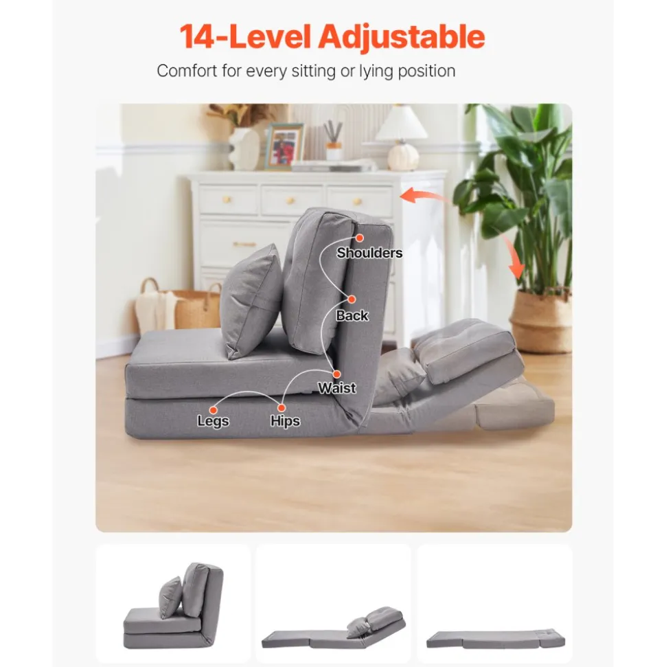 VEVOR Convertible Flip Chair, 5-Position Adjustable Floor Lazy Sofa, Folding Upholstered Couch Bed with Adjustable Backrest Metal Frame and Pillow, Folding Sofa Bed Chair for Living Room Bedroom, Gray