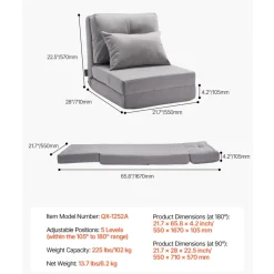 VEVOR Convertible Flip Chair, 5-Position Adjustable Floor Lazy Sofa, Folding Upholstered Couch Bed with Adjustable Backrest Metal Frame and Pillow, Folding Sofa Bed Chair for Living Room Bedroom, Gray
