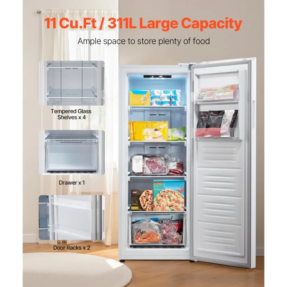 VEVOR Convertible Freezer/Refrigerator, 11 Cu.Ft Frost Free Upright Freezer with Temp Control Panel, Reversible Door, Adjustable Glass Shelves and LED, Standing Fridge for Kitchen, Office, Garage