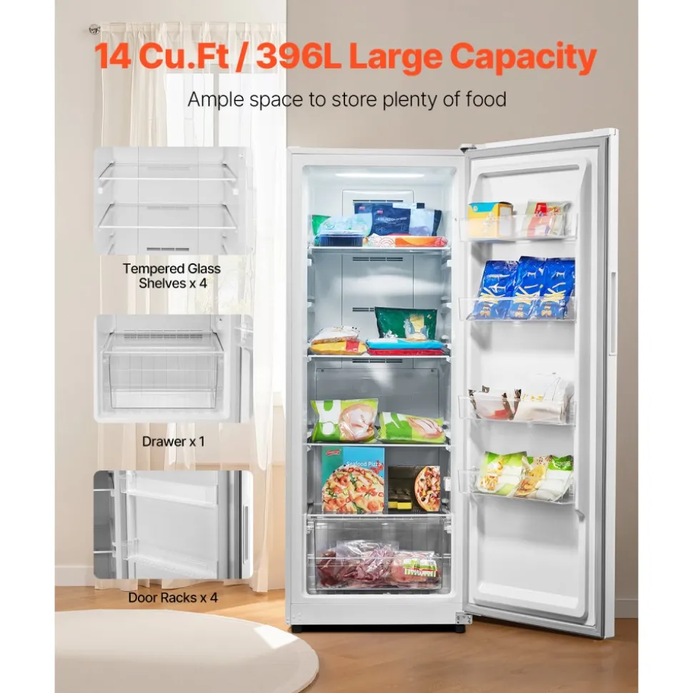 VEVOR Convertible Freezer/Refrigerator, 14 Cu.Ft Frost Free Upright Freezer with Temp Control Panel, Door Open too Long Alarm, Adjustable Shelves and LED, Standing Fridge for Kitchen, Office, Garage