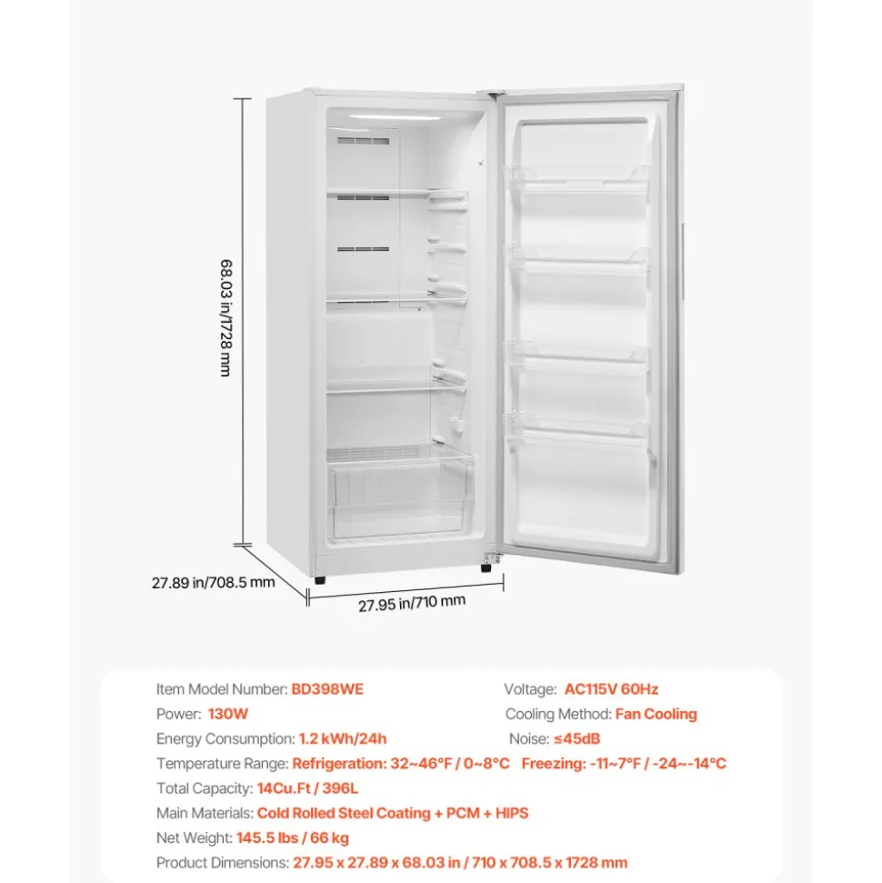 VEVOR Convertible Freezer/Refrigerator, 14 Cu.Ft Frost Free Upright Freezer with Temp Control Panel, Door Open too Long Alarm, Adjustable Shelves and LED, Standing Fridge for Kitchen, Office, Garage