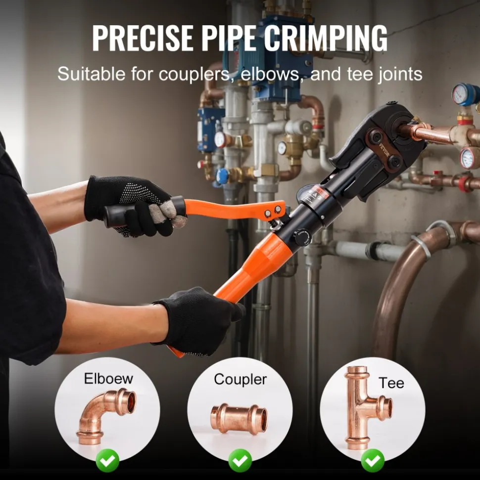 VEVOR Copper Pipe Crimping Tool, Hydraulic Driven Press Tool with 1/2", 3/4", 1" VUS Jaws, Copper Tube Fittings Pipe Crimpers for Narrow Spaces and Tee Fittings
