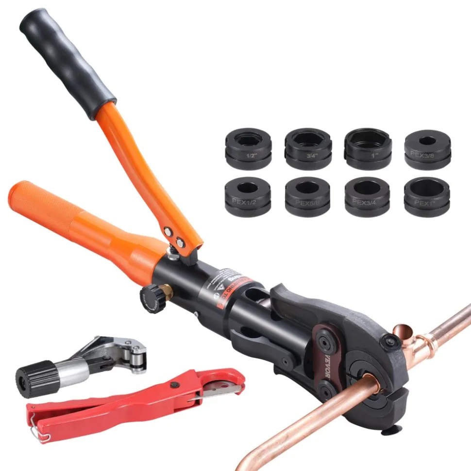 VEVOR Copper Pipe Crimping Tool, Hydraulic Driven Press Tool with 1/2", 3/4", 1" VUS Jaws, Copper Tube Fittings Pipe Crimpers for Narrow Spaces and Tee Fittings