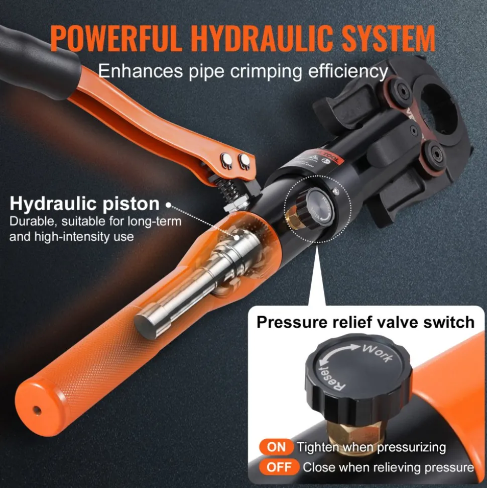 VEVOR Copper Pipe Crimping Tool, Hydraulic Driven Press Tool with 1/2", 3/4", 1" VUS Jaws, Copper Tube Fittings Pipe Crimpers for Narrow Spaces and Tee Fittings
