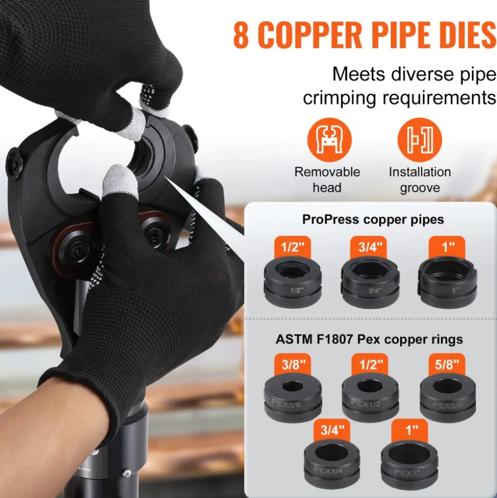 VEVOR Copper Pipe Crimping Tool, Hydraulic Driven Press Tool with 1/2", 3/4", 1" VUS Jaws, Copper Tube Fittings Pipe Crimpers for Narrow Spaces and Tee Fittings