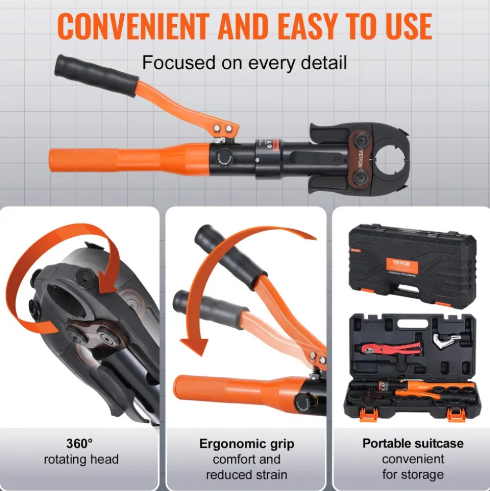 VEVOR Copper Pipe Crimping Tool, Hydraulic Driven Press Tool with 1/2", 3/4", 1" VUS Jaws, Copper Tube Fittings Pipe Crimpers for Narrow Spaces and Tee Fittings