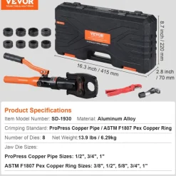 VEVOR Copper Pipe Crimping Tool, Hydraulic Driven Press Tool with 1/2