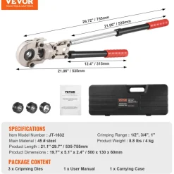 VEVOR Copper Press Tool Tube Fittings Crimping Kit, 360° Rotatable Press Crimper Tool with 1/2", 3/4", 1" Quick Change Jaws, Locking Pin & Extendable Handle, Meet ASTM B88 and B75 Standard