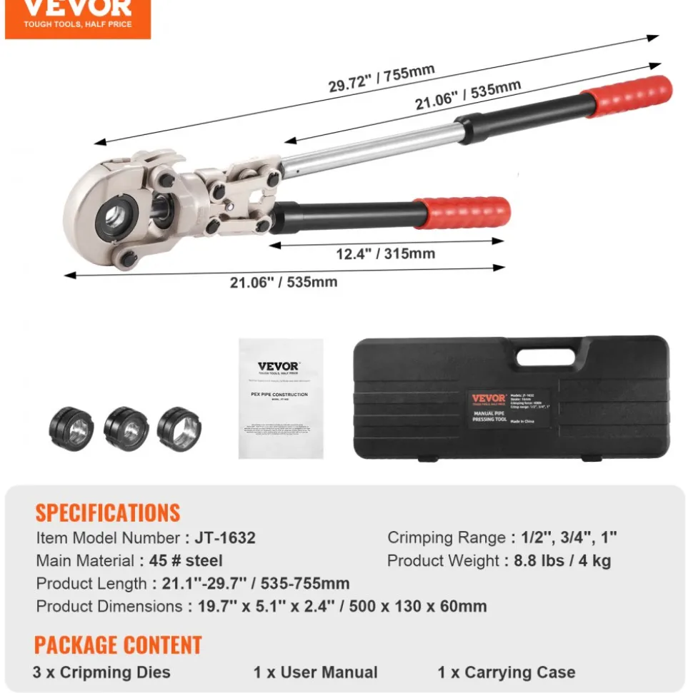 VEVOR Copper Press Tool Tube Fittings Crimping Kit, 360° Rotatable Press Crimper Tool with 1/2", 3/4", 1" Quick Change Jaws, Locking Pin & Extendable Handle, Meet ASTM B88 and B75 Standard
