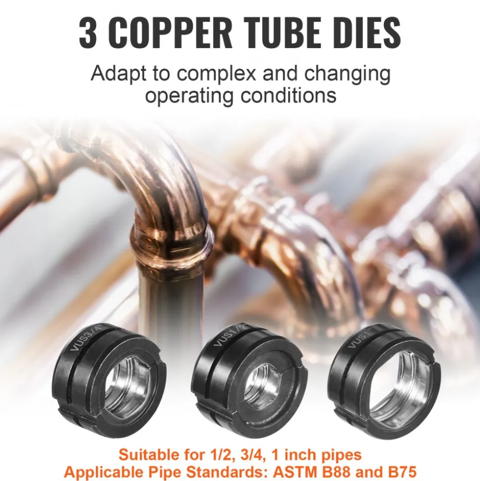 VEVOR Copper Press Tool Tube Fittings Crimping Kit, 360° Rotatable Press Crimper Tool with 1/2", 3/4", 1" Quick Change Jaws, Locking Pin & Extendable Handle, Meet ASTM B88 and B75 Standard