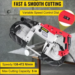 VEVOR Corded Band Saw, 5-Inch Cut Capacity, Variable Speed, Handheld, 10A Motor, for Metal, Wood, Tubing, Pipes, Rebar, Plastic