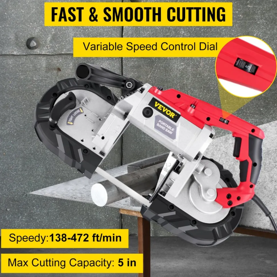 VEVOR Corded Band Saw, 5-Inch Cut Capacity, Variable Speed, Handheld, 10A Motor, for Metal, Wood, Tubing, Pipes, Rebar, Plastic