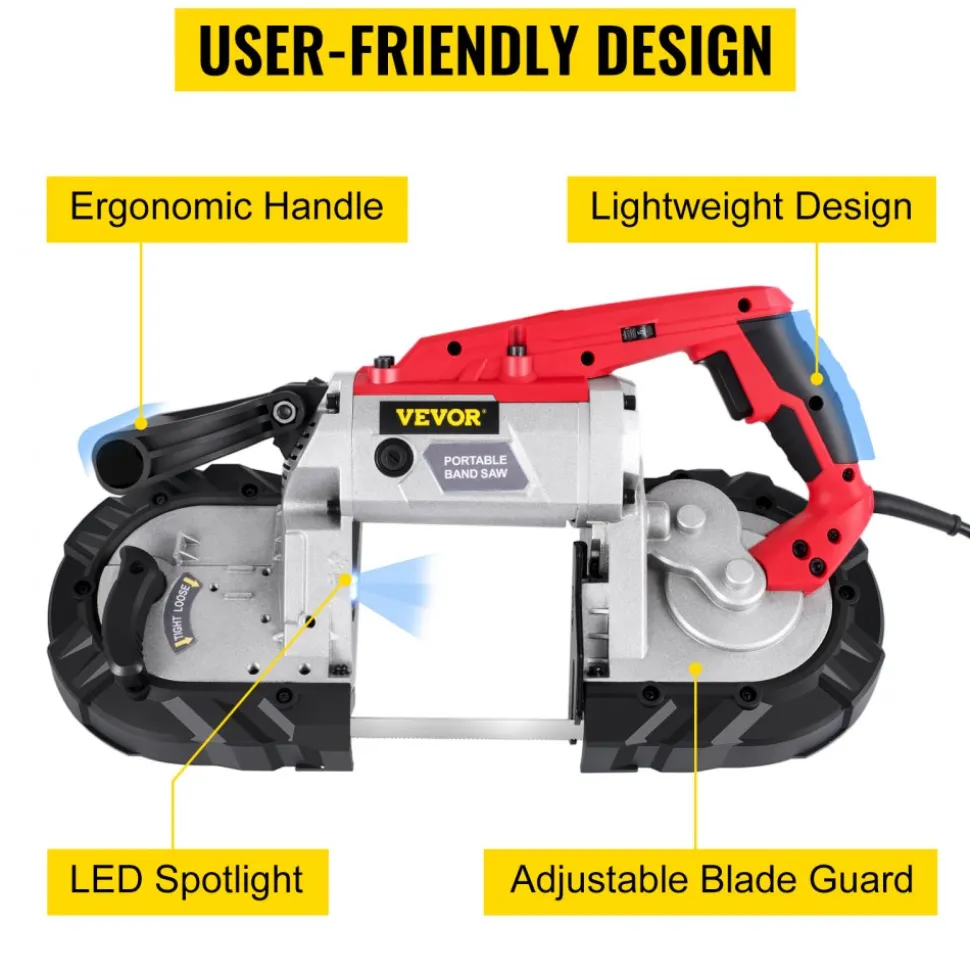 VEVOR Corded Band Saw, 5-Inch Cut Capacity, Variable Speed, Handheld, 10A Motor, for Metal, Wood, Tubing, Pipes, Rebar, Plastic