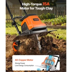 VEVOR Corded Electric Tiller, 18 Inch Tilling Width Garden Rototiller, 15-Amp Motor Heavy-Duty Tilling Machine, Cultivator with Steel Tines and Foldable Handle, for Lawn, Yard, and Gardening Care
