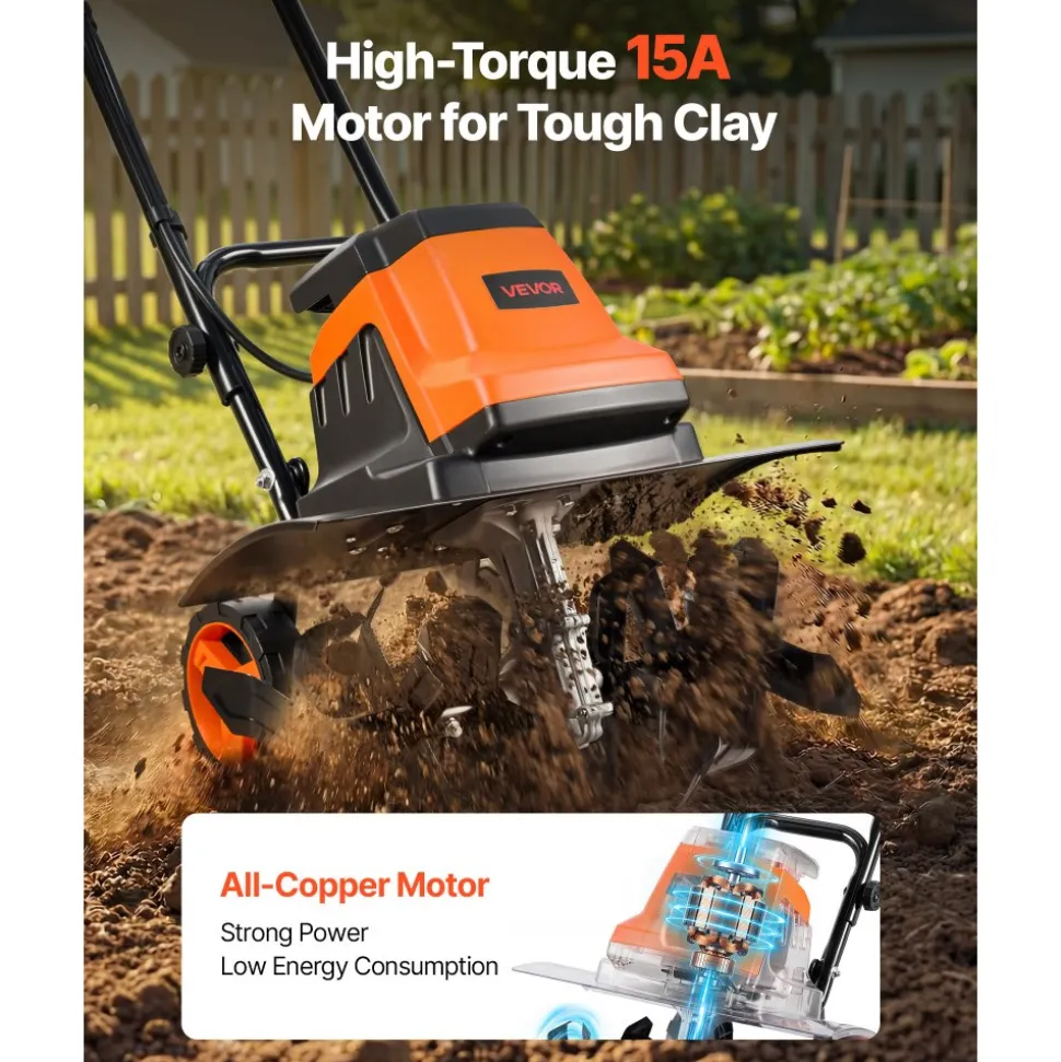 VEVOR Corded Electric Tiller, 18 Inch Tilling Width Garden Rototiller, 15-Amp Motor Heavy-Duty Tilling Machine, Cultivator with Steel Tines and Foldable Handle, for Lawn, Yard, and Gardening Care