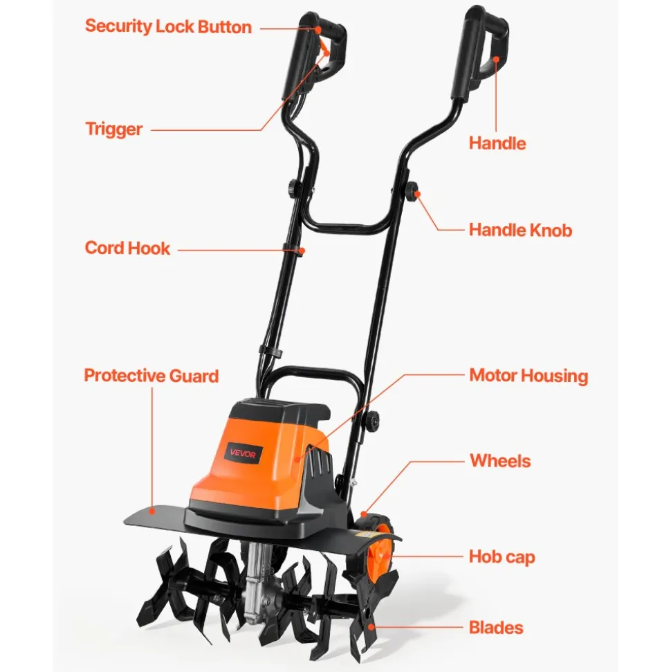 VEVOR Corded Electric Tiller, 18 Inch Tilling Width Garden Rototiller, 15-Amp Motor Heavy-Duty Tilling Machine, Cultivator with Steel Tines and Foldable Handle, for Lawn, Yard, and Gardening Care