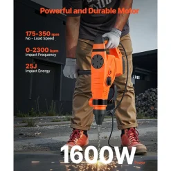 VEVOR Corded Hammer Drill, 1600W 175-350RPM Electric Demolition Drills, 2-Inch SDS-Max Rotary Hammer Driver, 3 Functions Chipping Power Tool Kit for Concrete, Drilling Wood Plastic