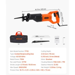 VEVOR Corded Reciprocating Saw, 120 Volt 6 Amp, 3000 SPM Variable Speed, 3/4 inch Stroke Length, Electric Reciprocating Saw with 8 Blades and Carrying Bag, for Wood, Metal, and Plastic Cutting