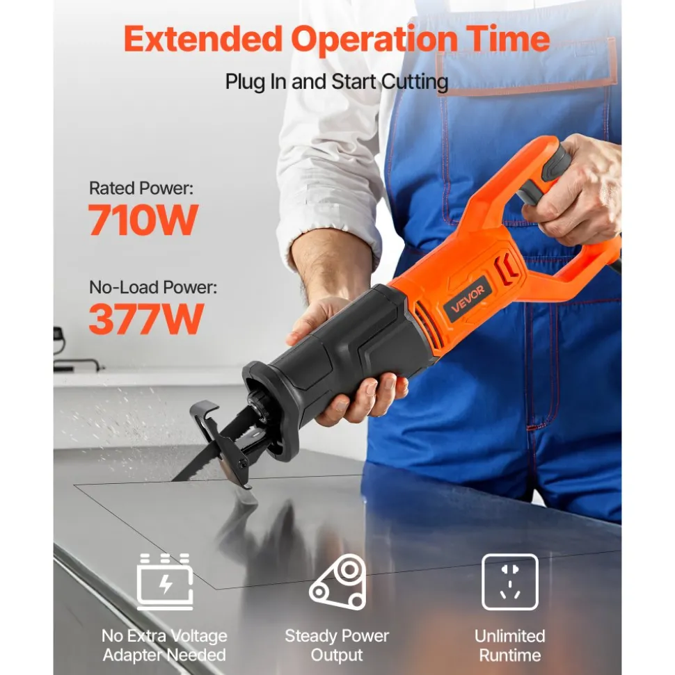 VEVOR Corded Reciprocating Saw, 120 Volt 6 Amp, 3000 SPM Variable Speed, 3/4 inch Stroke Length, Electric Reciprocating Saw with 8 Blades and Carrying Bag, for Wood, Metal, and Plastic Cutting