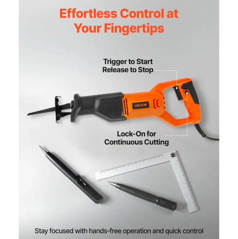 VEVOR Corded Reciprocating Saw, 120 Volt 6 Amp, 3000 SPM Variable Speed, 3/4 inch Stroke Length, Electric Reciprocating Saw with 8 Blades and Carrying Bag, for Wood, Metal, and Plastic Cutting