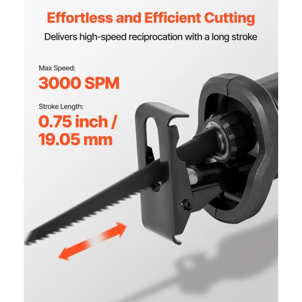 VEVOR Corded Reciprocating Saw, 120 Volt 6 Amp, 3000 SPM Variable Speed, 3/4 inch Stroke Length, Electric Reciprocating Saw with 8 Blades and Carrying Bag, for Wood, Metal, and Plastic Cutting