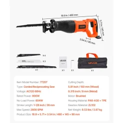 VEVOR Corded Reciprocating Saw, 120 Volt 7.5 Amp, 2800 SPM Variable Speed, 1-1/8 inch Stroke Length, Electric Reciprocating Saw with 8 Blades and Carrying Bag, for Wood, Metal, and Plastic Cutting