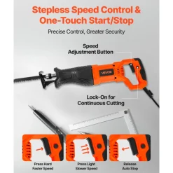 VEVOR Corded Reciprocating Saw, 120 Volt 7.5 Amp, 2800 SPM Variable Speed, 1-1/8 inch Stroke Length, Electric Reciprocating Saw with 8 Blades and Carrying Bag, for Wood, Metal, and Plastic Cutting