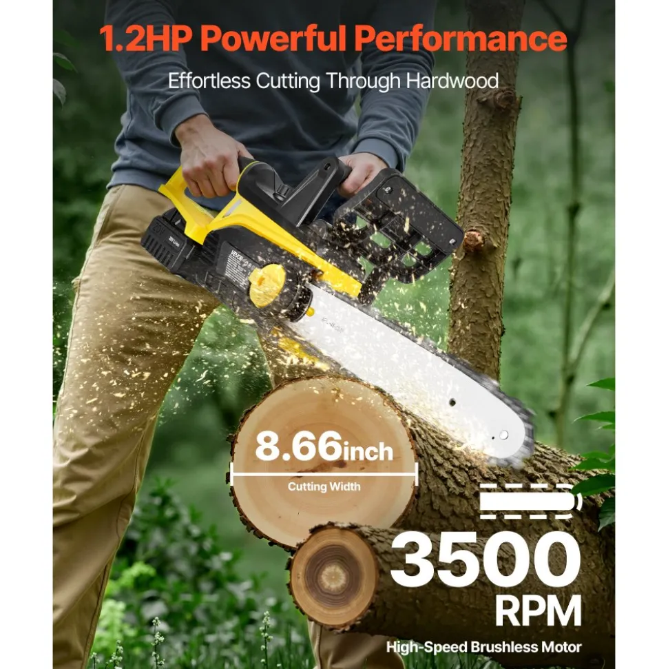 VEVOR Cordless Chainsaw, 20V 12-Inch Brushless Chainsaw Battery Powered, 4.0Ah Battery and Rapid Charger Included, Handheld Electric Chain Saw for Tree Felling, Wood Cutting, Pruning, and Trimming