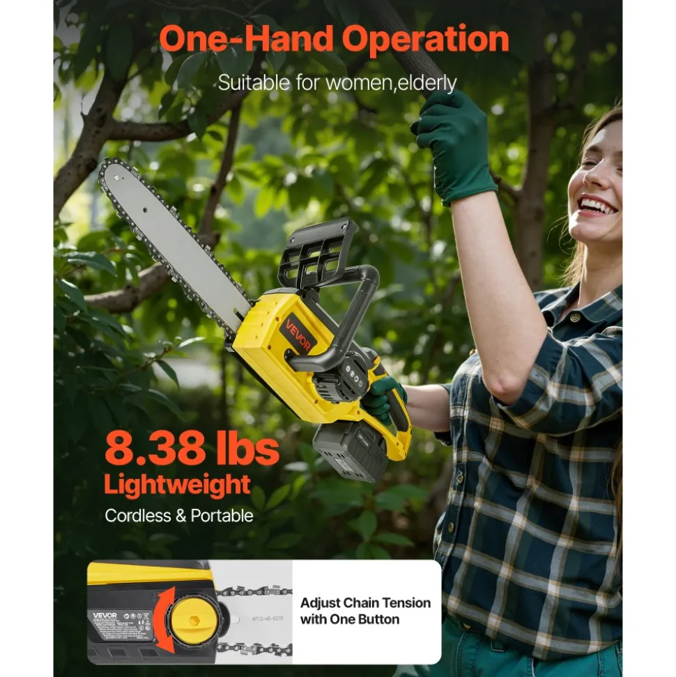 VEVOR Cordless Chainsaw, 20V 12-Inch Brushless Chainsaw Battery Powered, 4.0Ah Battery and Rapid Charger Included, Handheld Electric Chain Saw for Tree Felling, Wood Cutting, Pruning, and Trimming