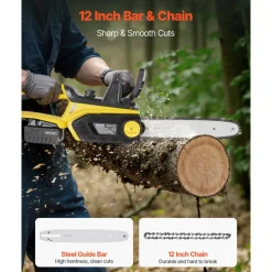 VEVOR Cordless Chainsaw, 20V 12-Inch Brushless Chainsaw Battery Powered, 4.0Ah Battery and Rapid Charger Included, Handheld Electric Chain Saw for Tree Felling, Wood Cutting, Pruning, and Trimming