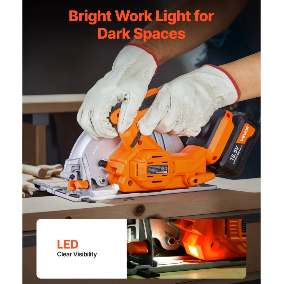 VEVOR Cordless Circular Saw, 6-1/2 inch Blade, 4700 RPM Speed, 0-45 Degree Bevel Capability, Brushless Motor, LED Light, Electric Circular Saw Kit with Battery and Charger Included, for Wood Cutting