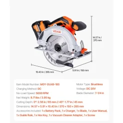 VEVOR Cordless Circular Saw, 6-1/2 inch Blade, 4700 RPM Speed, 0-45 Degree Bevel Capability, Brushless Motor, LED Light, Electric Circular Saw Kit with Battery and Charger Included, for Wood Cutting