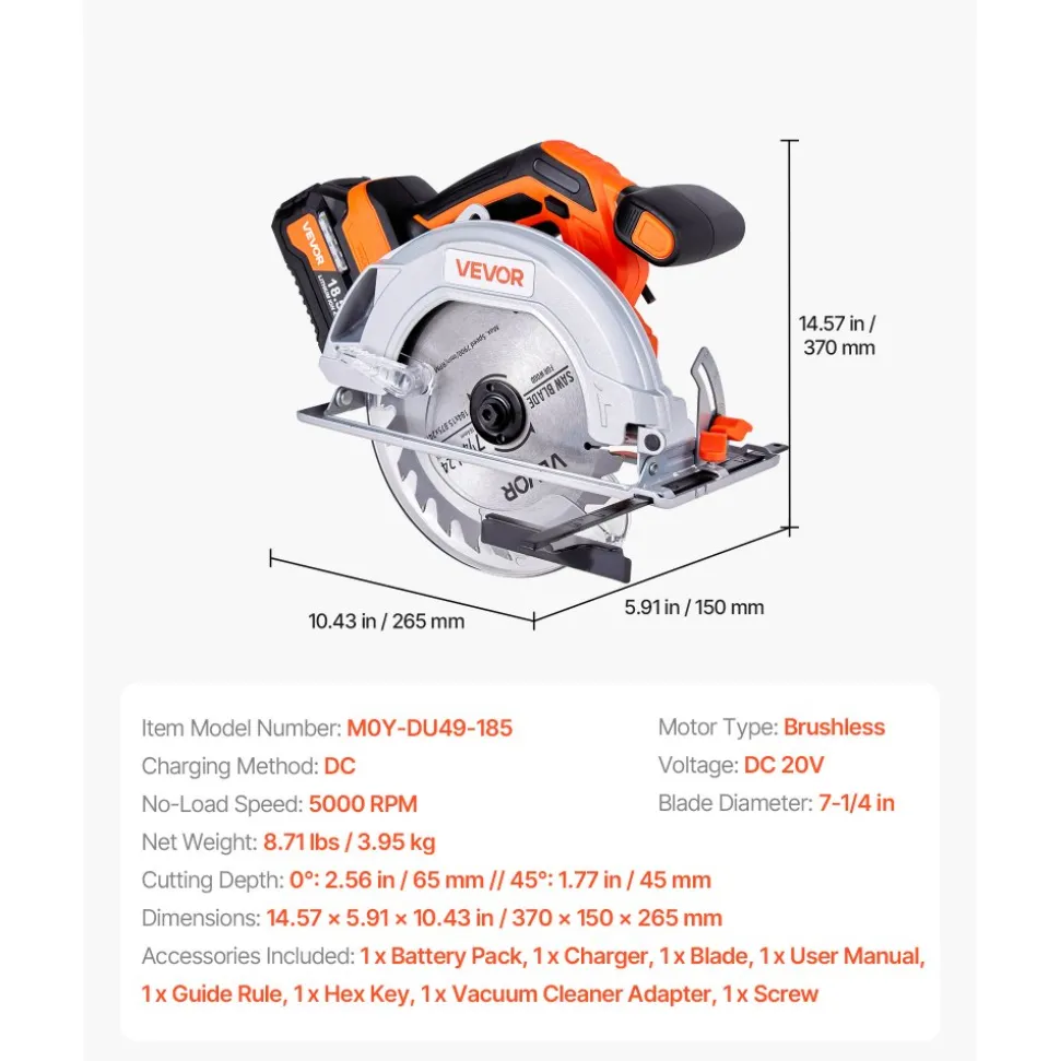 VEVOR Cordless Circular Saw, 6-1/2 inch Blade, 4700 RPM Speed, 0-45 Degree Bevel Capability, Brushless Motor, LED Light, Electric Circular Saw Kit with Battery and Charger Included, for Wood Cutting
