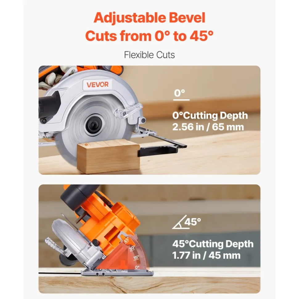 VEVOR Cordless Circular Saw, 6-1/2 inch Blade, 4700 RPM Speed, 0-45 Degree Bevel Capability, Brushless Motor, LED Light, Electric Circular Saw Kit with Battery and Charger Included, for Wood Cutting