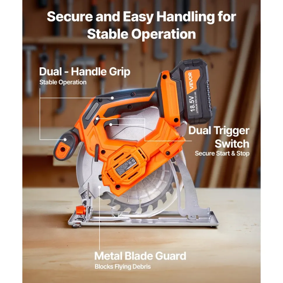 VEVOR Cordless Circular Saw, 6-1/2 inch Blade, 4700 RPM Speed, 0-45 Degree Bevel Capability, Brushless Motor, LED Light, Electric Circular Saw Kit with Battery and Charger Included, for Wood Cutting