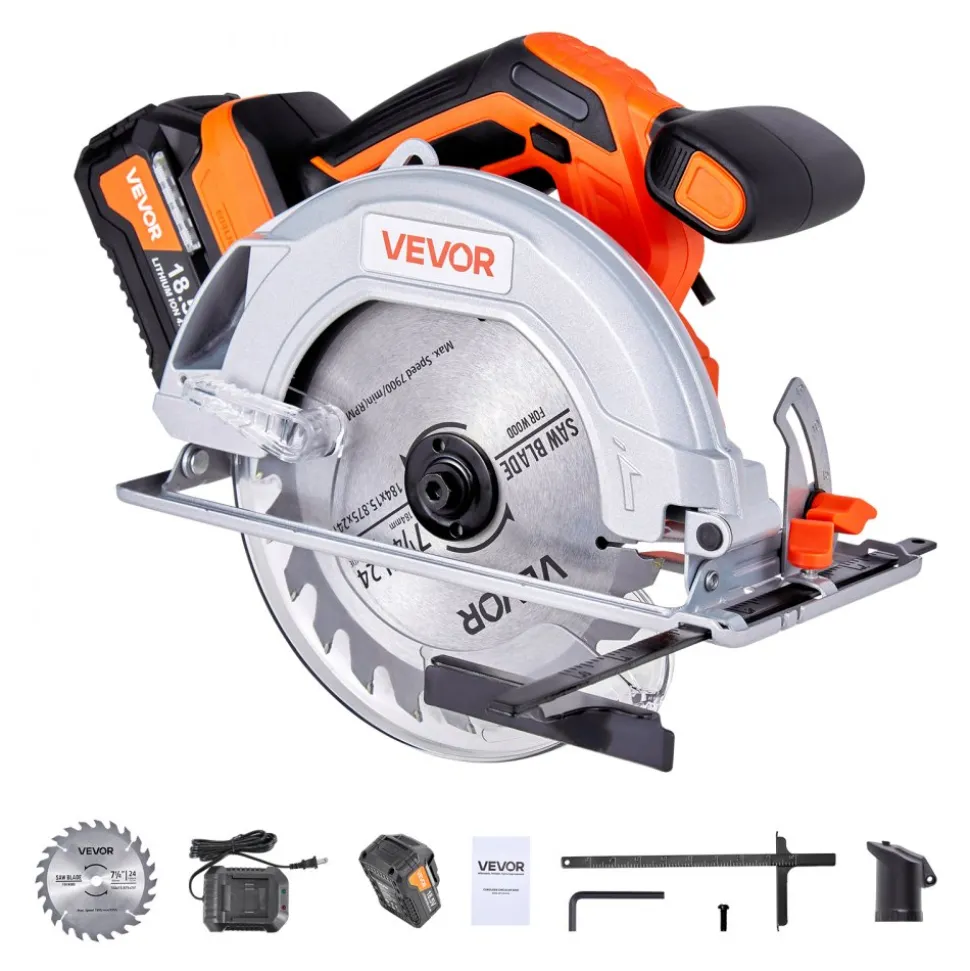 VEVOR Cordless Circular Saw, 6-1/2 inch Blade, 4700 RPM Speed, 0-45 Degree Bevel Capability, Brushless Motor, LED Light, Electric Circular Saw Kit with Battery and Charger Included, for Wood Cutting