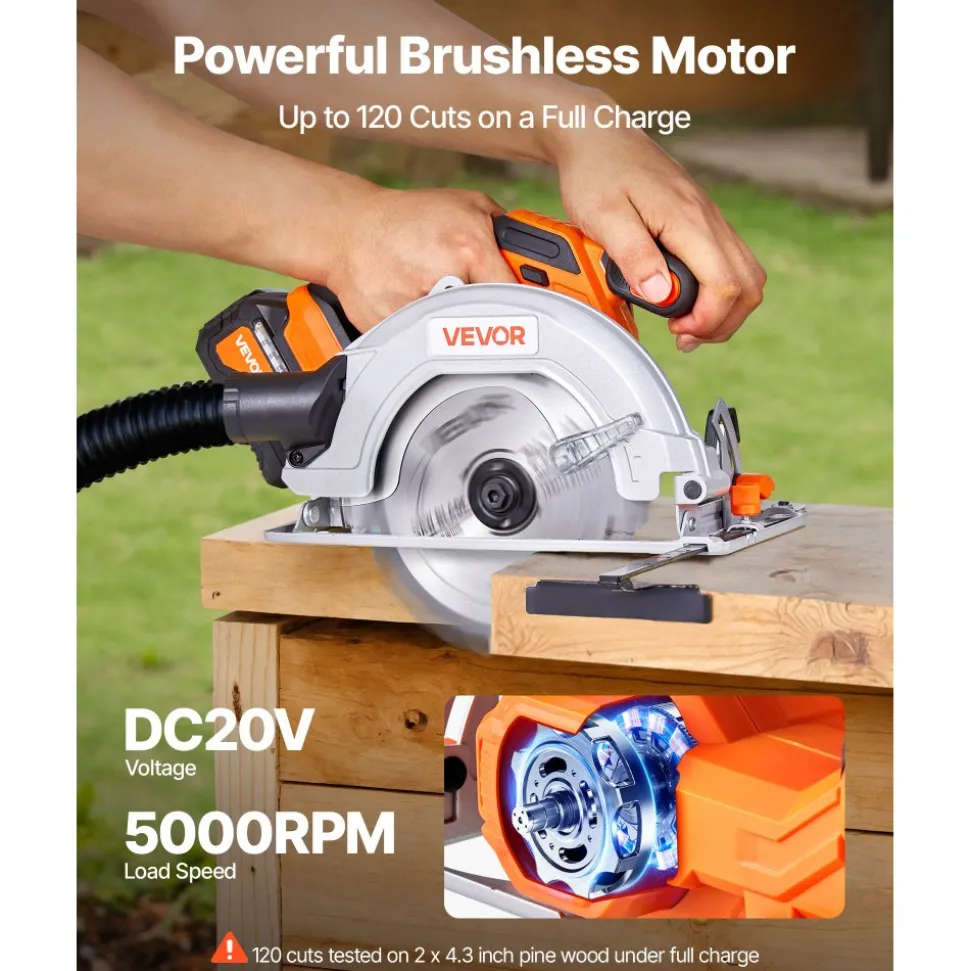 VEVOR Cordless Circular Saw, 6-1/2 inch Blade, 4700 RPM Speed, 0-45 Degree Bevel Capability, Brushless Motor, LED Light, Electric Circular Saw Kit with Battery and Charger Included, for Wood Cutting