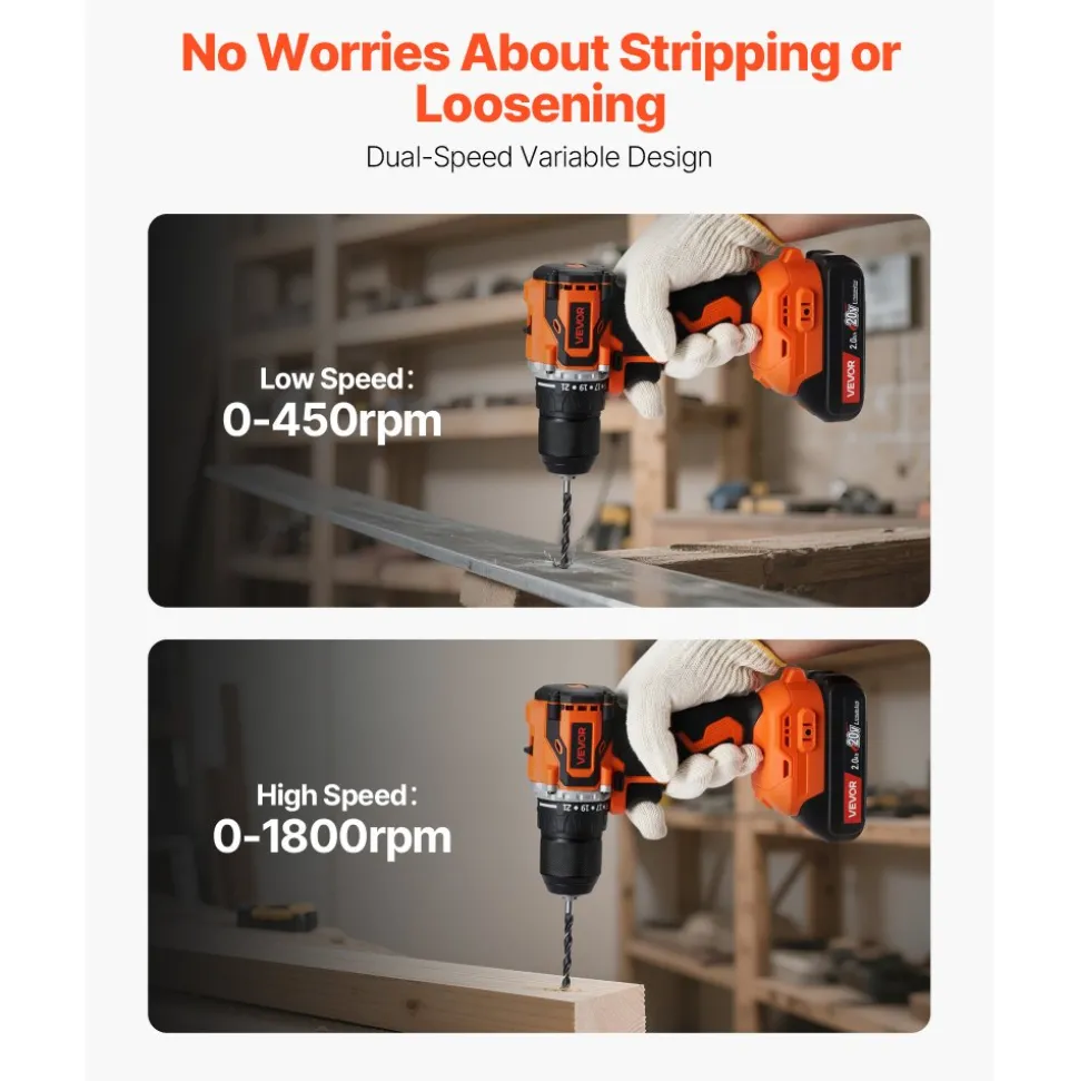 VEVOR Cordless Drill Driver, 1/2 inch Metal Chuck, Brushless Motor, Dual-Speed Variable, Drill Driver Kit with Lithium Battery and Charger, Tool Box, for Wood and Metal Drilling, Screw Driving