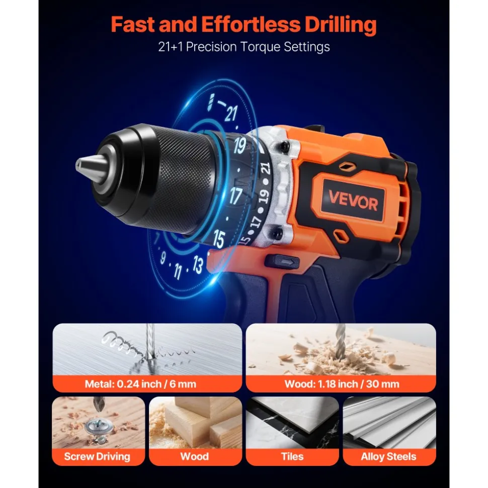 VEVOR Cordless Drill Driver, 1/2 inch Metal Chuck, Brushless Motor, Dual-Speed Variable, Drill Driver Kit with Lithium Battery and Charger, Tool Box, for Wood and Metal Drilling, Screw Driving