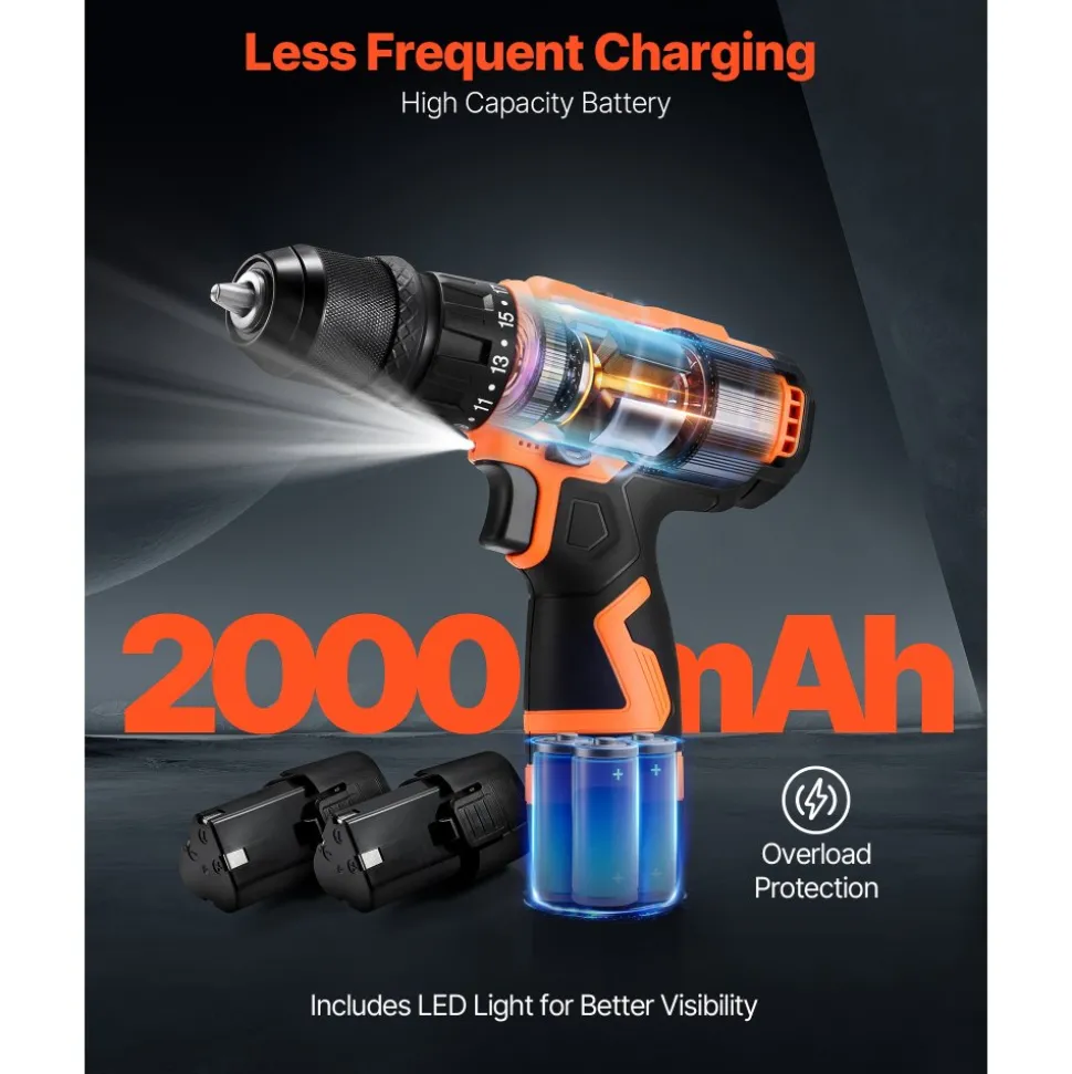 VEVOR Cordless Drill Driver, 5-In-1, Metal Chuck, Dual-Speed Variable, Drill Driver Kit with 2 Lithium Batteries and Charger, Tool Box, for Wood and Metal Drilling, Screw Tightening or Loosening