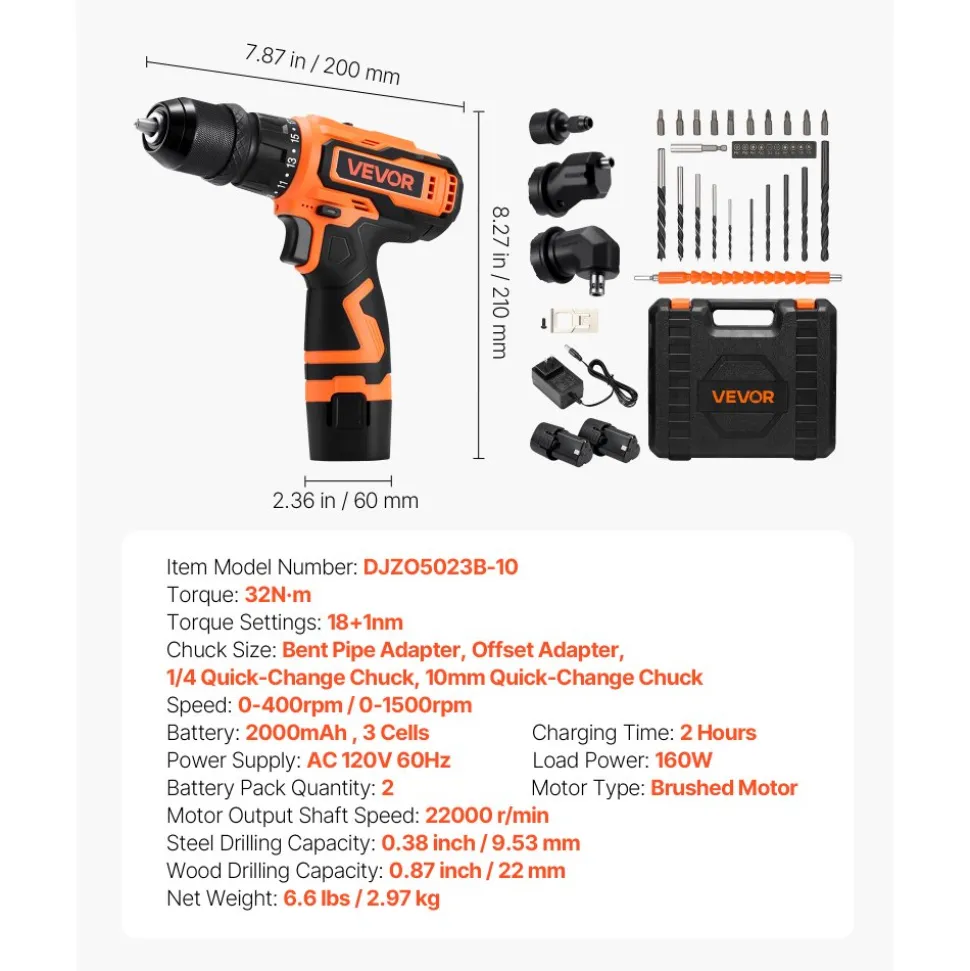 VEVOR Cordless Drill Driver, 5-In-1, Metal Chuck, Dual-Speed Variable, Drill Driver Kit with 2 Lithium Batteries and Charger, Tool Box, for Wood and Metal Drilling, Screw Tightening or Loosening