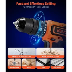 VEVOR Cordless Drill Driver, 5-In-1, Metal Chuck, Dual-Speed Variable, Drill Driver Kit with 2 Lithium Batteries and Charger, Tool Box, for Wood and Metal Drilling, Screw Tightening or Loosening