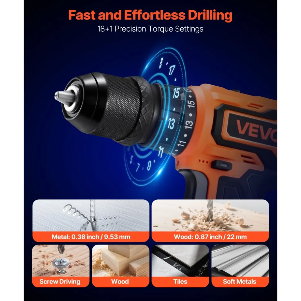 VEVOR Cordless Drill Driver, 5-In-1, Metal Chuck, Dual-Speed Variable, Drill Driver Kit with 2 Lithium Batteries and Charger, Tool Box, for Wood and Metal Drilling, Screw Tightening or Loosening
